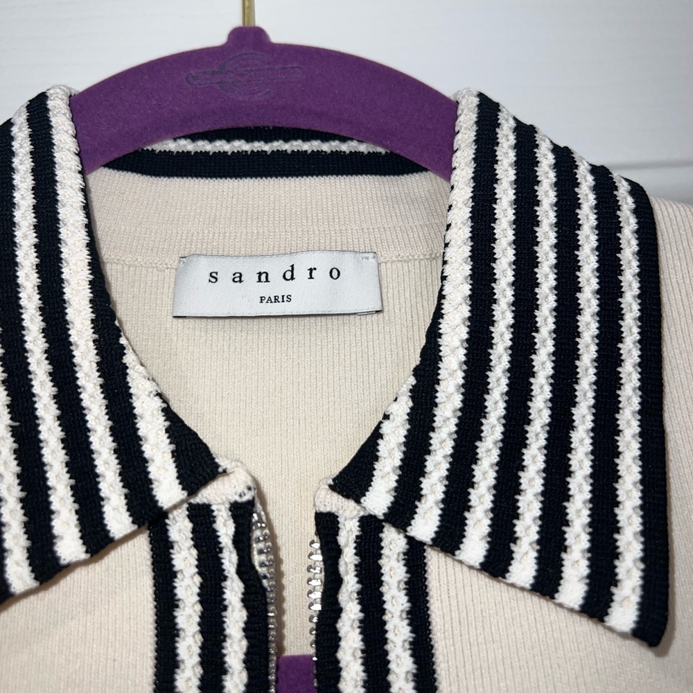 Sandro Cream Knit Polo Mini Dress with Black Trim - Picture 4 of 10